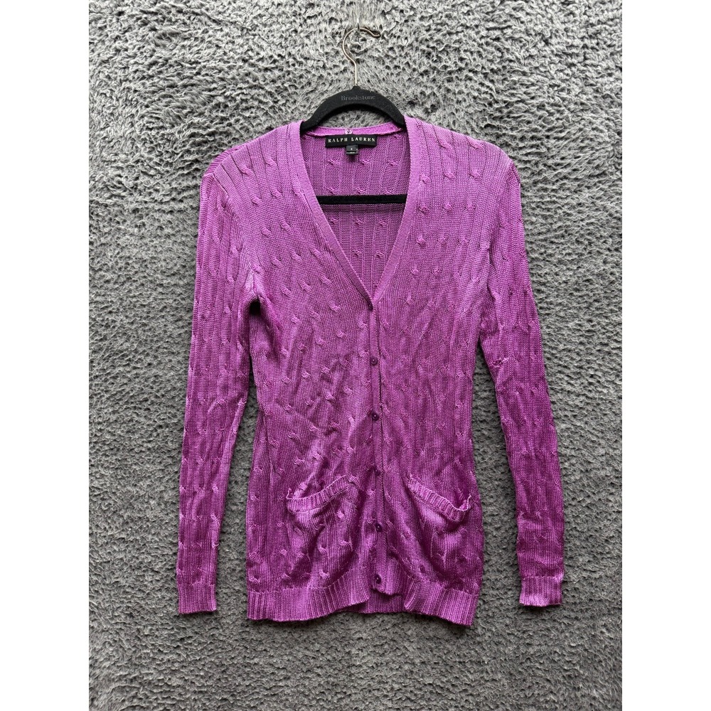 Ralph Lauren Black Label Silk Cable-Knit V-Neck Cardigan Sweater Purple Womens S